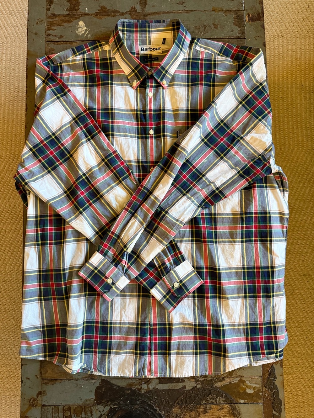 Barbour White Plaid Button-Down Shirt with Navy and Red Stripes